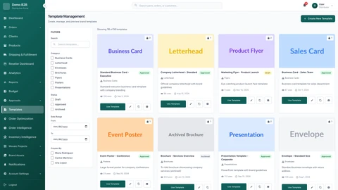 Templates Page - Print product templates and configuration interface